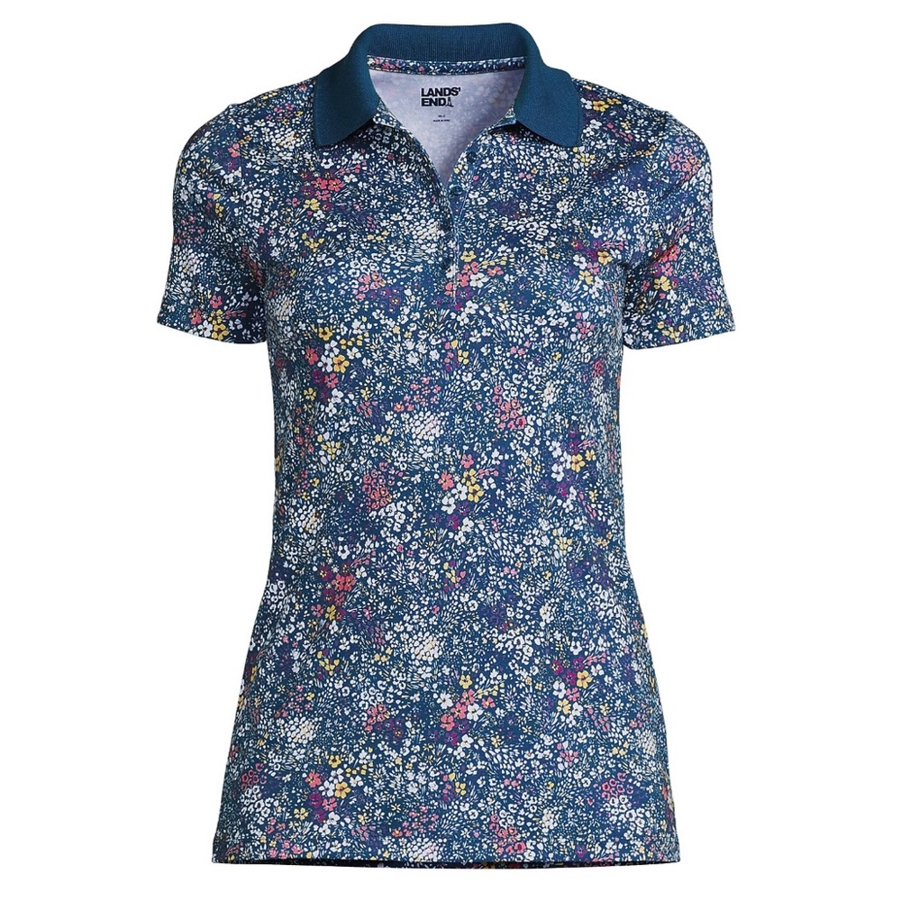 Lands' End Supima Cotton Short Sleeve Polo Shirt Baltic Teal Ditsy Floral NWT
